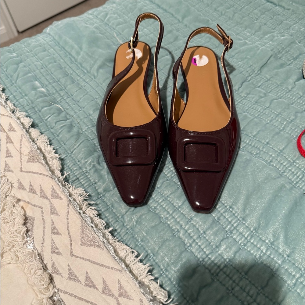 Kensie Burgundy Patent Pointed Slingback Flats with Buckle